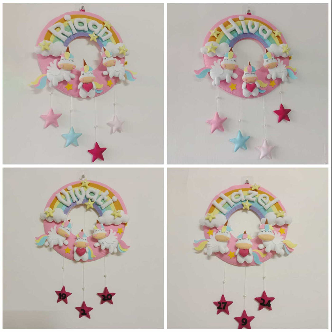 Hand-stitched Pastel Rainbow & Unicorn Themed Round Felt Kids Name Plate for Child