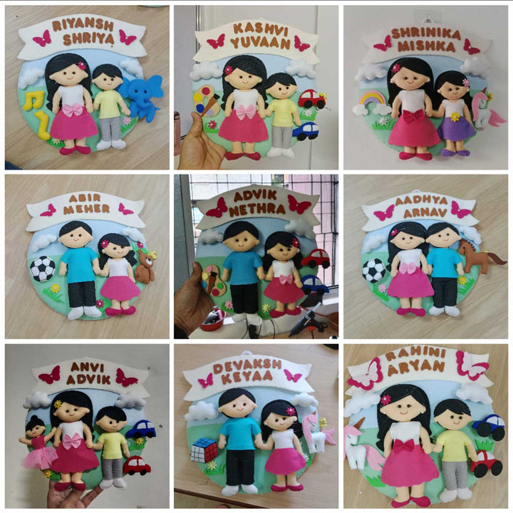 Hand-stitched Hobby Themed Round Felt Kids Name Plate for Siblings