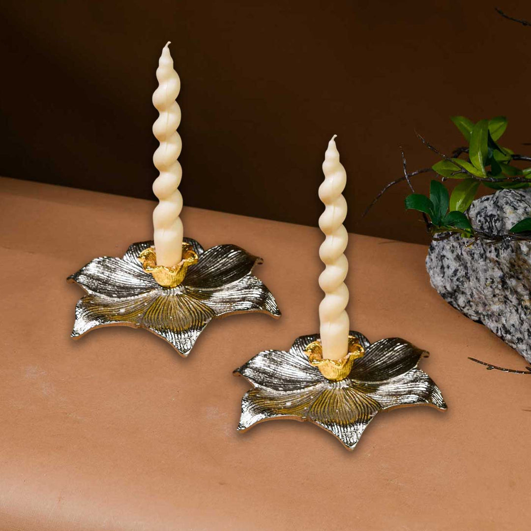 Handmade Silver Elysian Lotus Metal Candle Holder For Christmas Table Decoration | Set Of 2