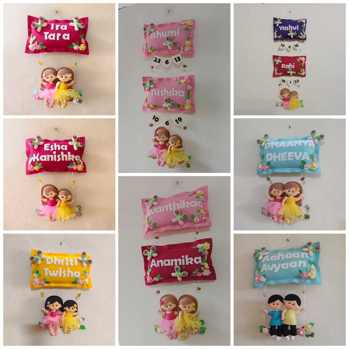 Hand-stitched Pillow & Swing Theme Felt Kids Name Plate for Siblings