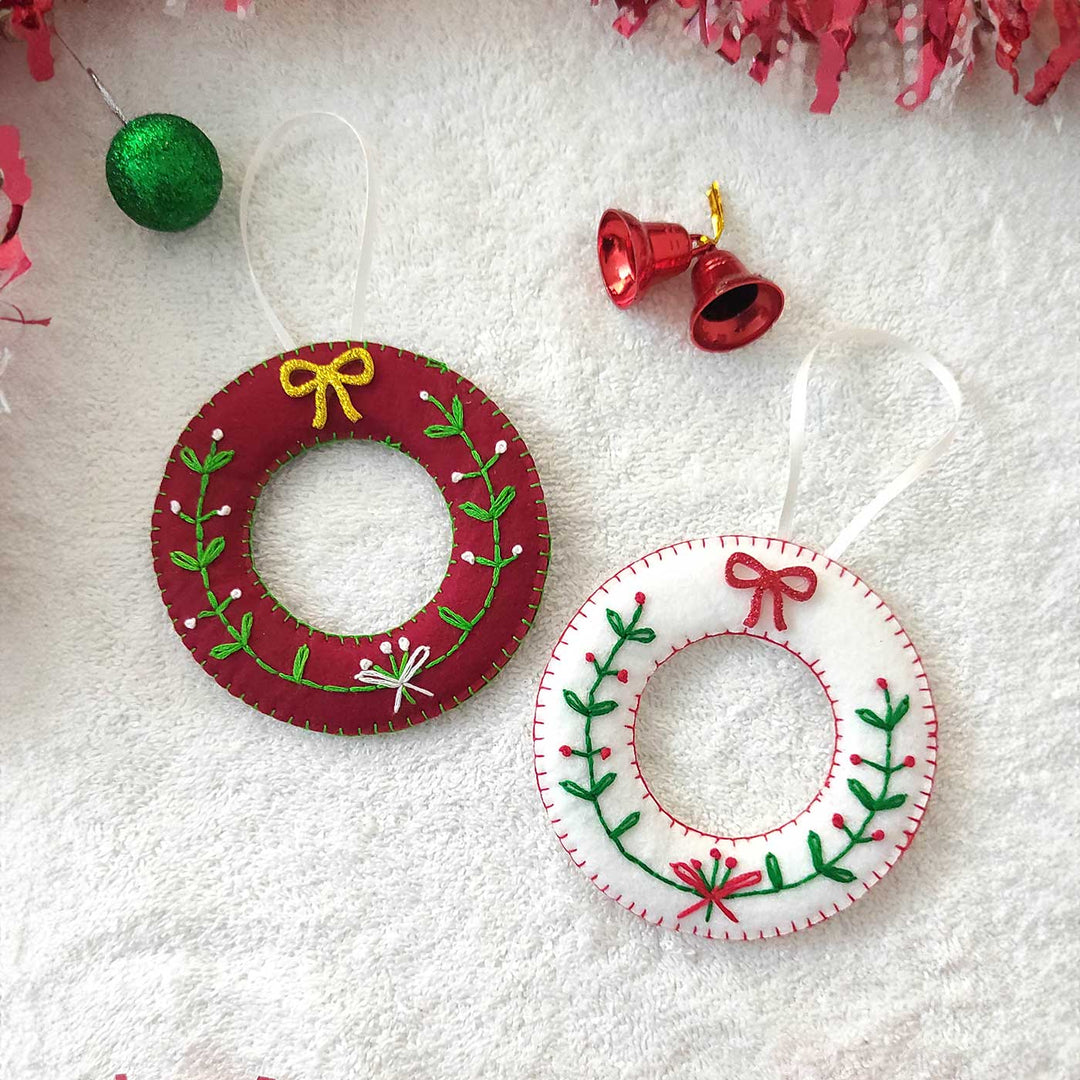 Handmade Wreath Embroidered Felt Ornament For Christmas Tree Decoration | Set Of 2