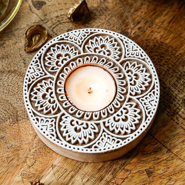 Handmade Carved Floral Circle Wooden Block Tealight Holder | Set Of 2