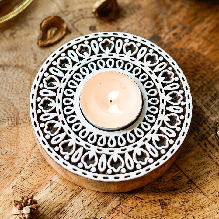 Handmade Carved Circle Wooden Block Tealight Holder | Set Of 2