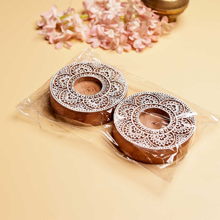 Handmade Carved Floral Circle Wooden Block Tealight Holder | Set Of 2