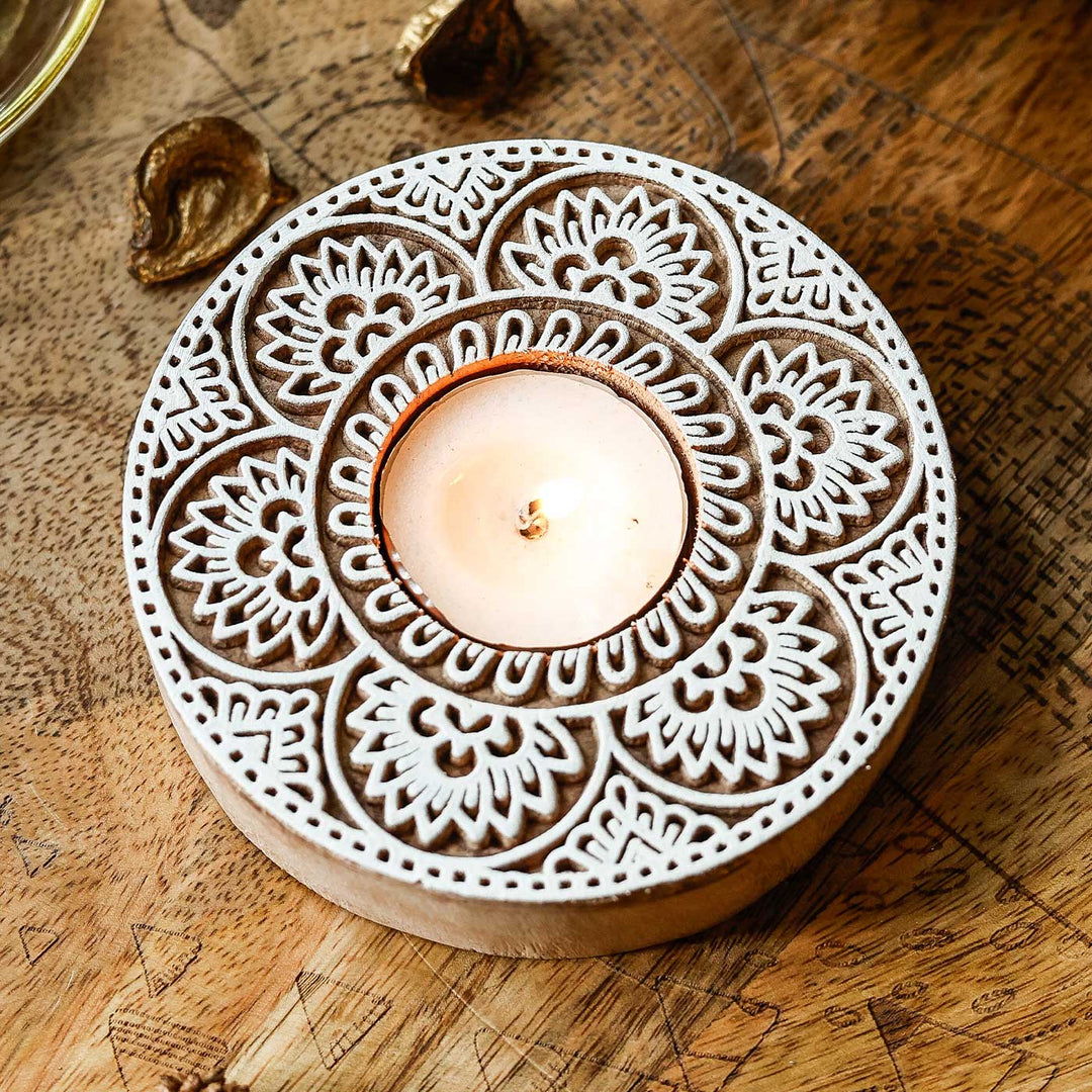 Handmade Carved Floral Circle Wooden Block Tealight Holder | Set Of 2