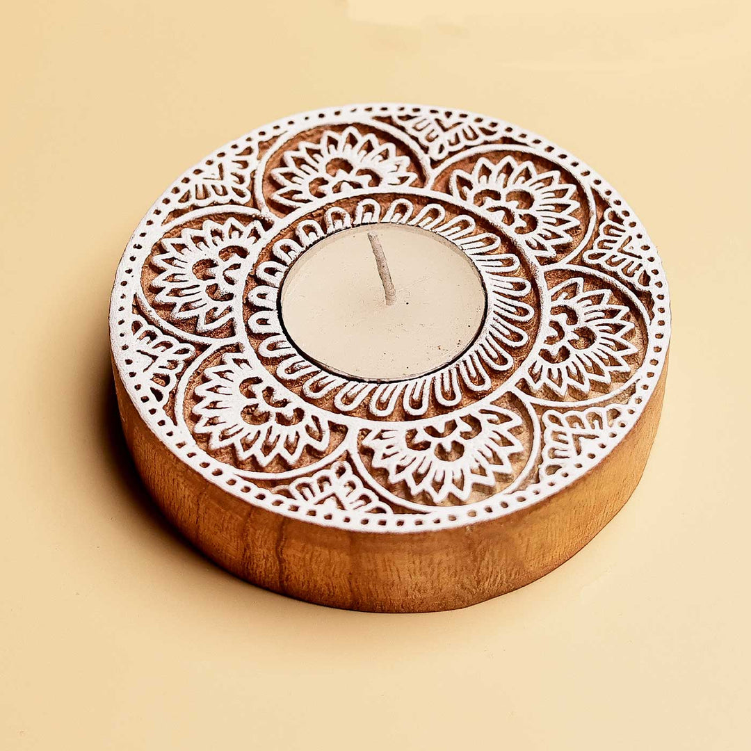 Handmade Carved Floral Circle Wooden Block Tealight Holder | Set Of 2