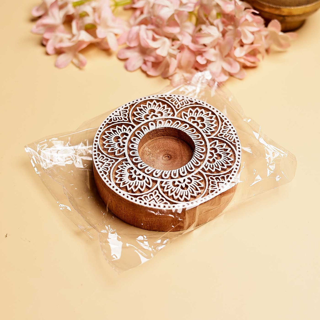 Handmade Carved Floral Circle Wooden Block Tealight Holder | Set Of 2