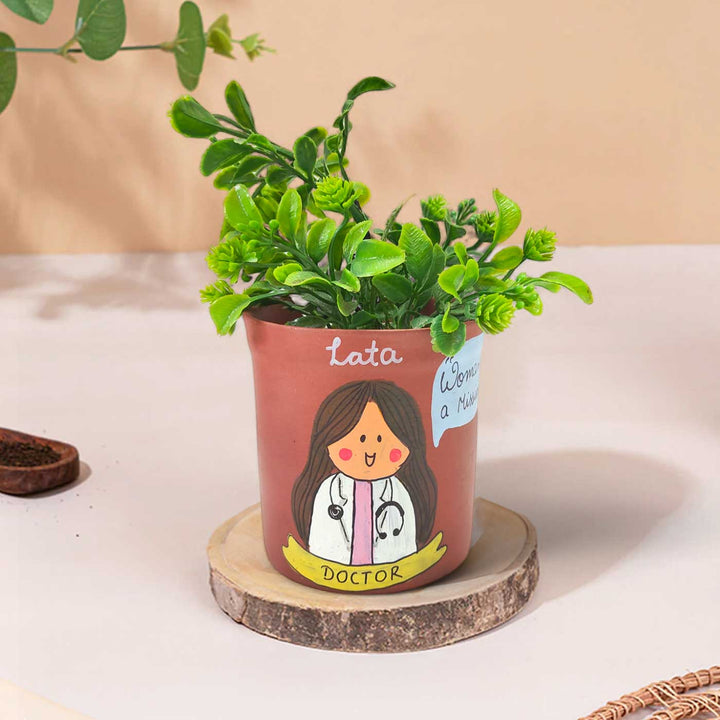 Handpainted Personalized Clay Planter With Doctor Avatar Illustrations And Quote