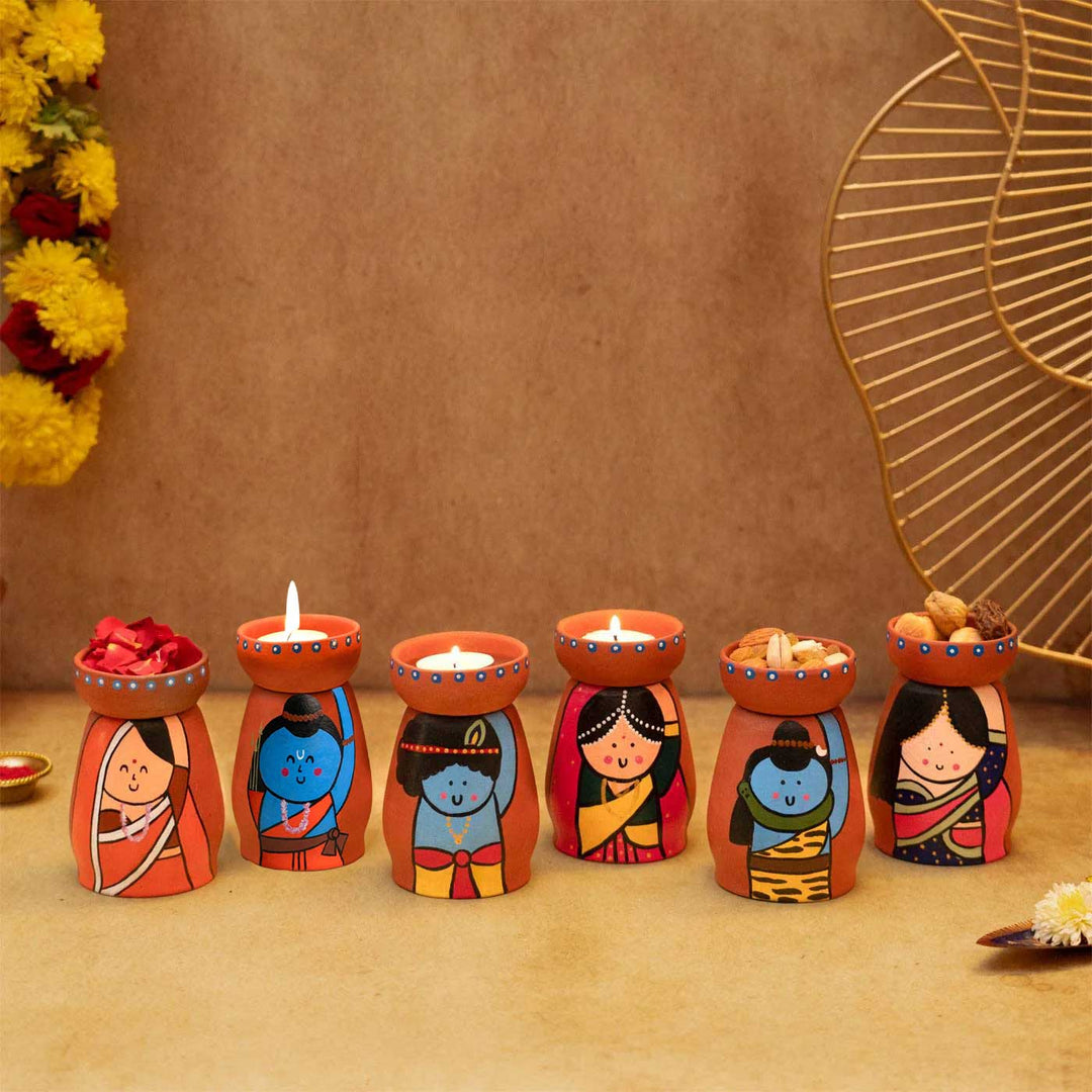 Handpainted Terracotta Tealight Holders with Assorted Divine Characters | Set of 6