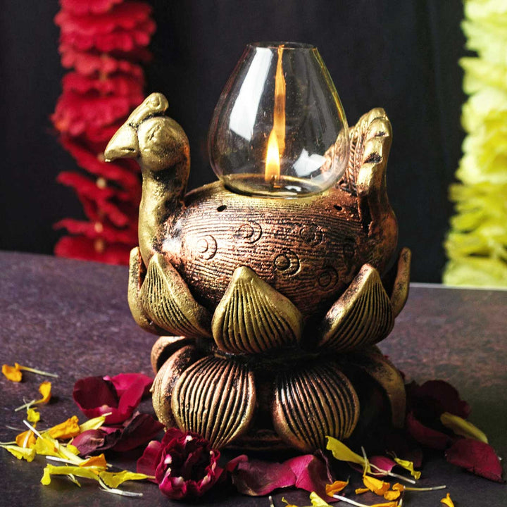 Handmade Peacock Terracotta Akhand Jyot Diya / Oil Lamp