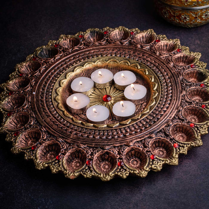 Handmade Large Decorative 21 Terracotta Diya & Urli Platter | 14 inch