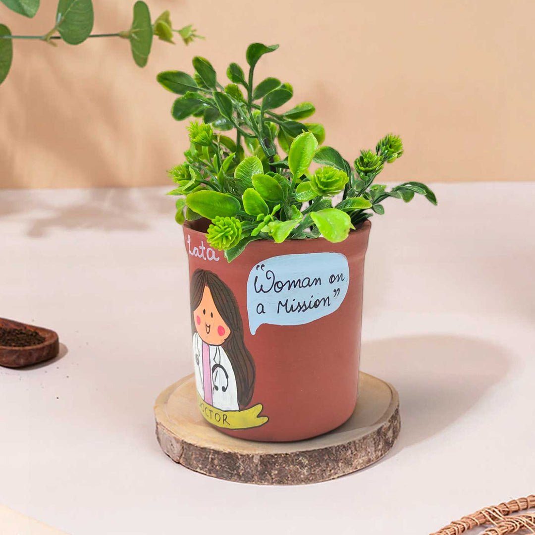 Handpainted Personalized Clay Planter With Doctor Avatar Illustrations And Quote