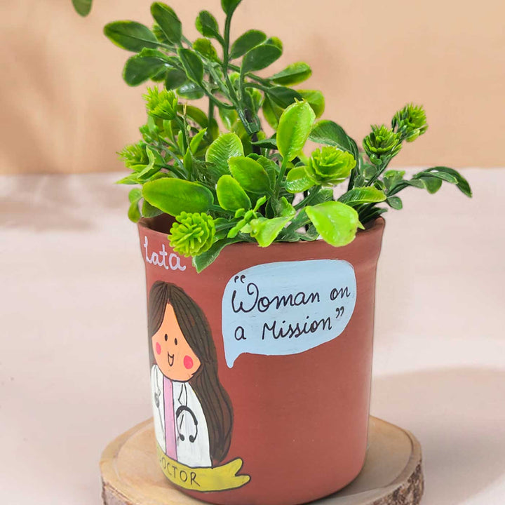 Handpainted Personalized Clay Planter With Doctor Avatar Illustrations And Quote