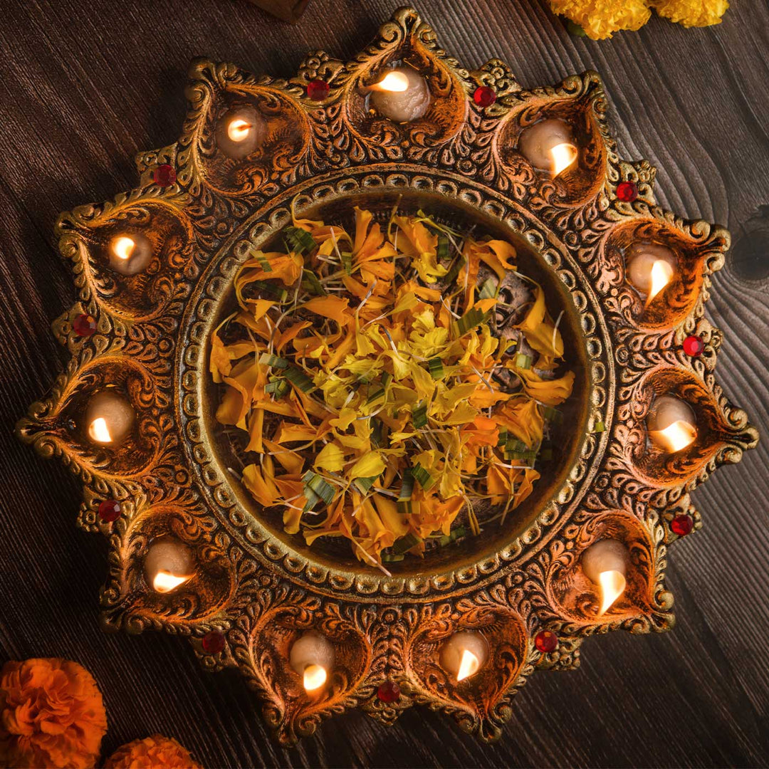 Handmade Medium Decorative 11 Terracotta Diya & Urli Platter | 10.5 inch