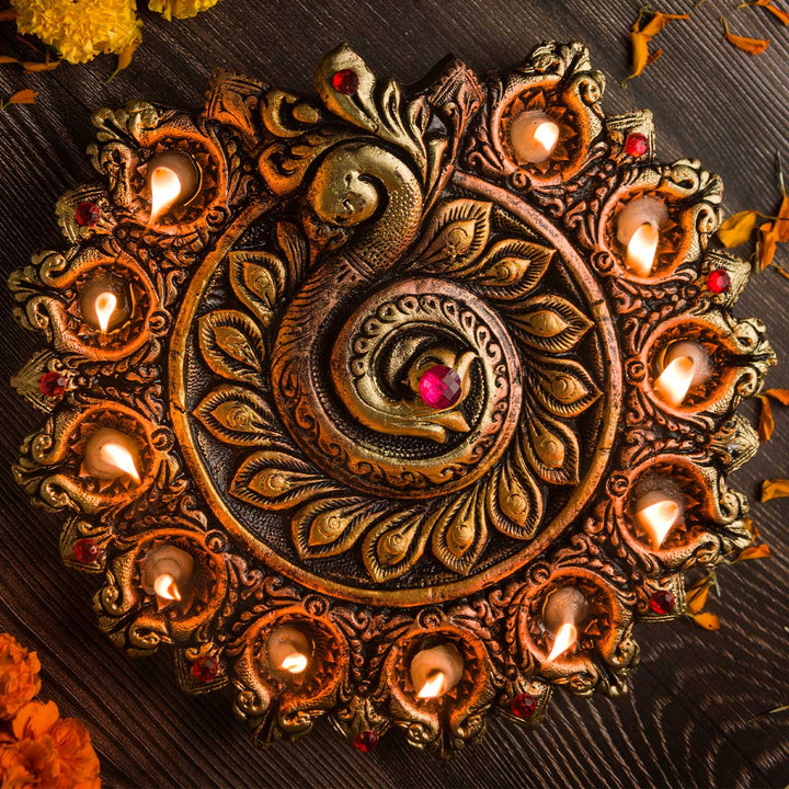 Handmade Peacock With 11 Terracotta Diya Platter | 10 inch