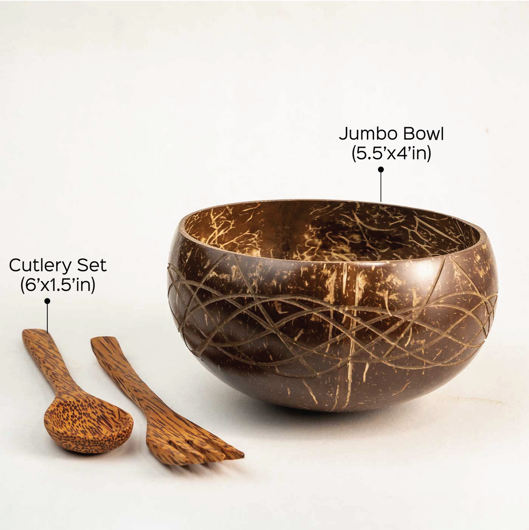 Coconut Shell Wave Jumbo Bowl with Spoon and Fork