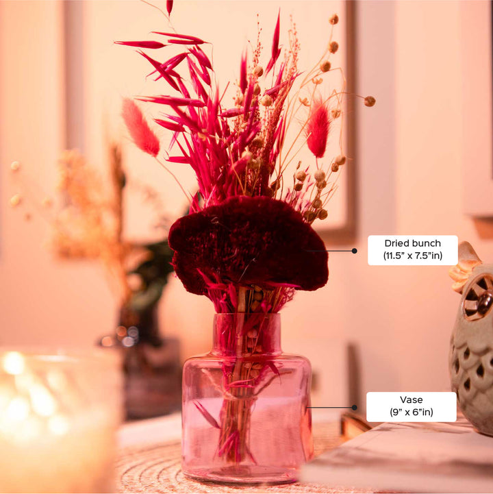 Pink Petal Charm Glass Vase With Dried Flower Bunch