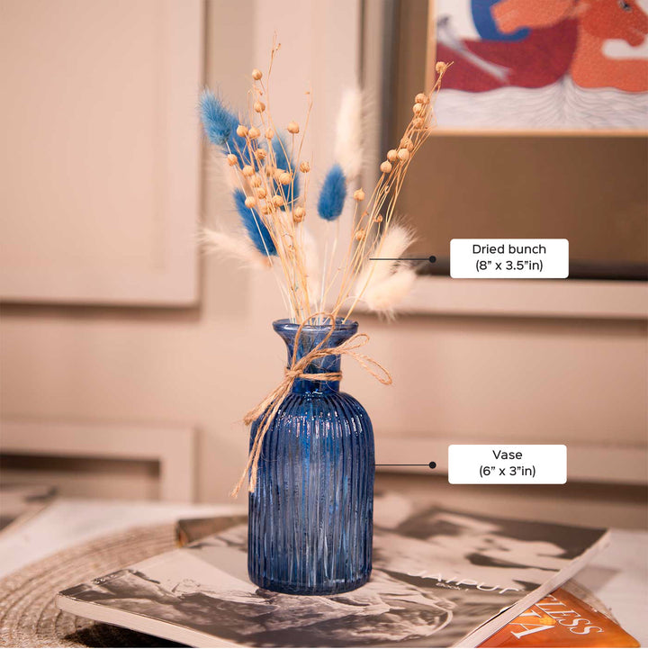 Ocean Blue Glass Vase With Dried Flower Bunch