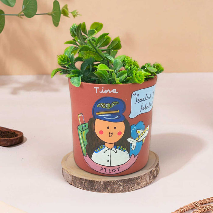 Handpainted Personalized Clay Planter With Pilot Avatar Illustrations And Quote