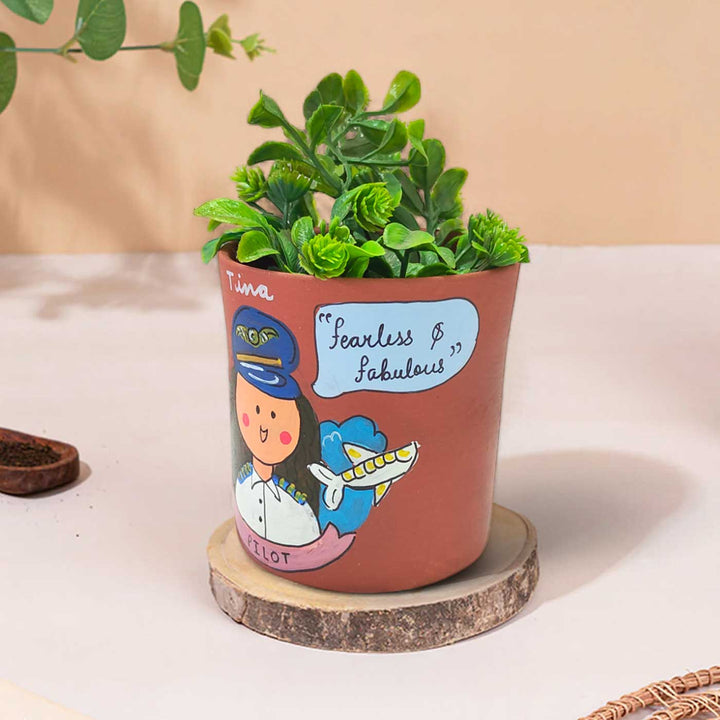 Handpainted Personalized Clay Planter With Pilot Avatar Illustrations And Quote