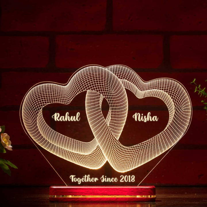 Personalized 3D Illusion Intertwined Hearts Acrylic Rechargeable LED Lamp