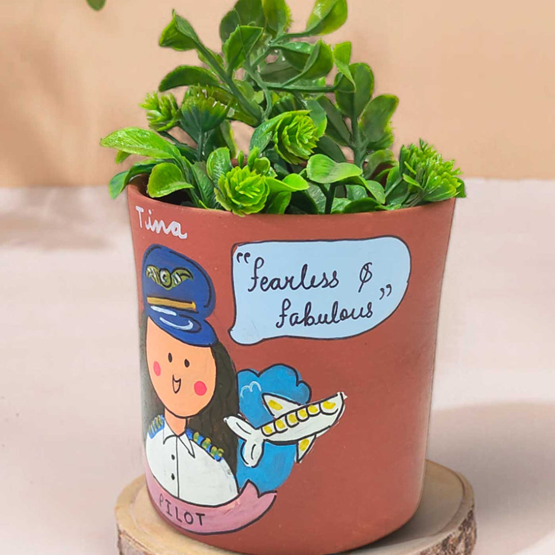 Handpainted Personalized Clay Planter With Pilot Avatar Illustrations And Quote