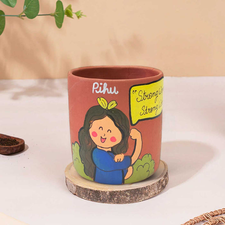 Handpainted Personalized Clay Planter With Strong Woman Avatar Illustrations And Quote