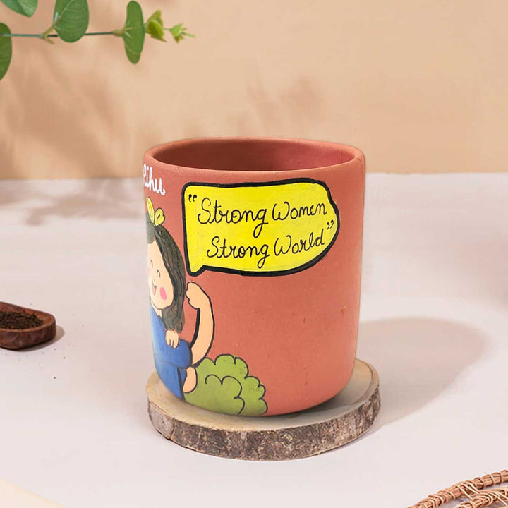 Handpainted Personalized Clay Planter With Strong Woman Avatar Illustrations And Quote