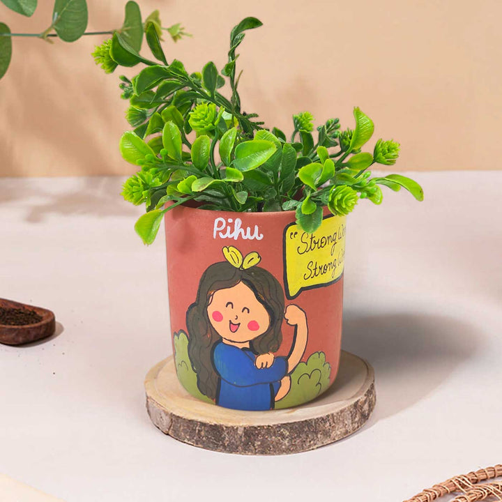 Handpainted Personalized Clay Planter With Strong Woman Avatar Illustrations And Quote