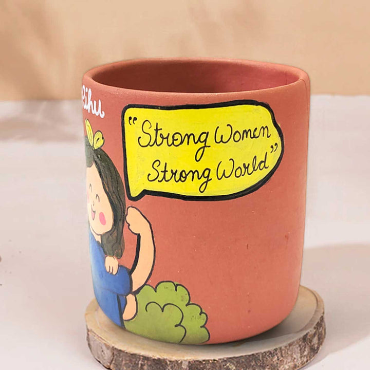 Handpainted Personalized Clay Planter With Strong Woman Avatar Illustrations And Quote