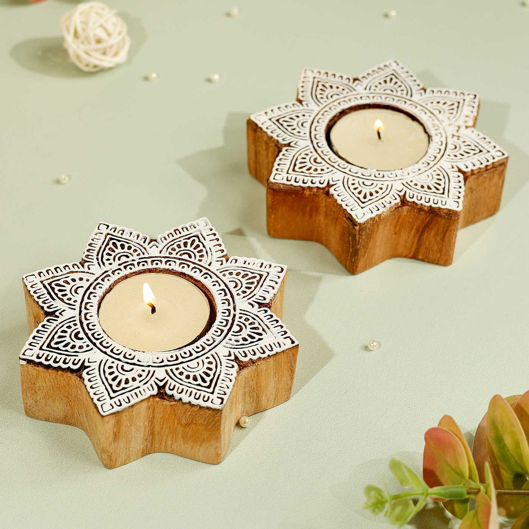 Handmade Carved Flower Wooden Block Tealight Holder | Set Of 2