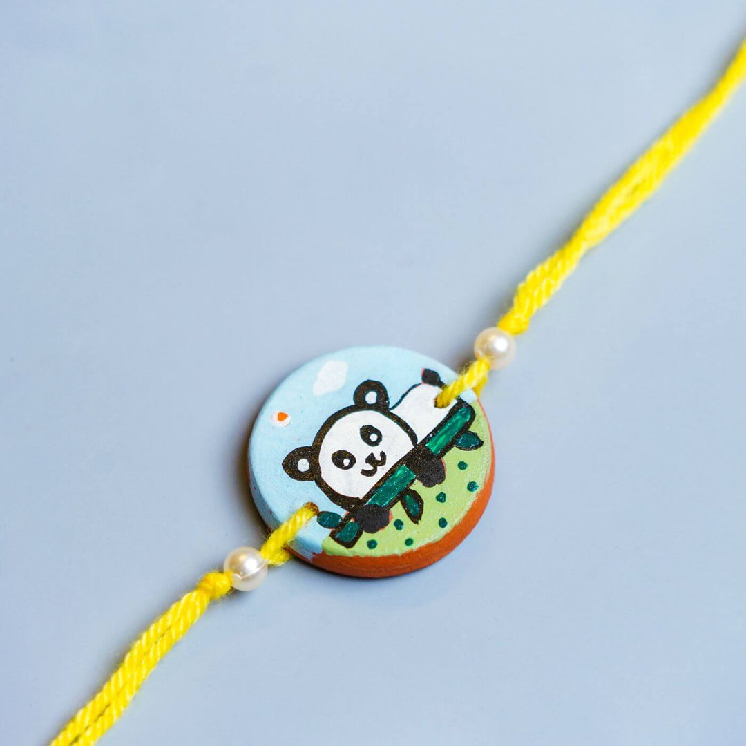 Hand-painted Panda Theme Terracotta Rakhi With Roli Chawal for Kids