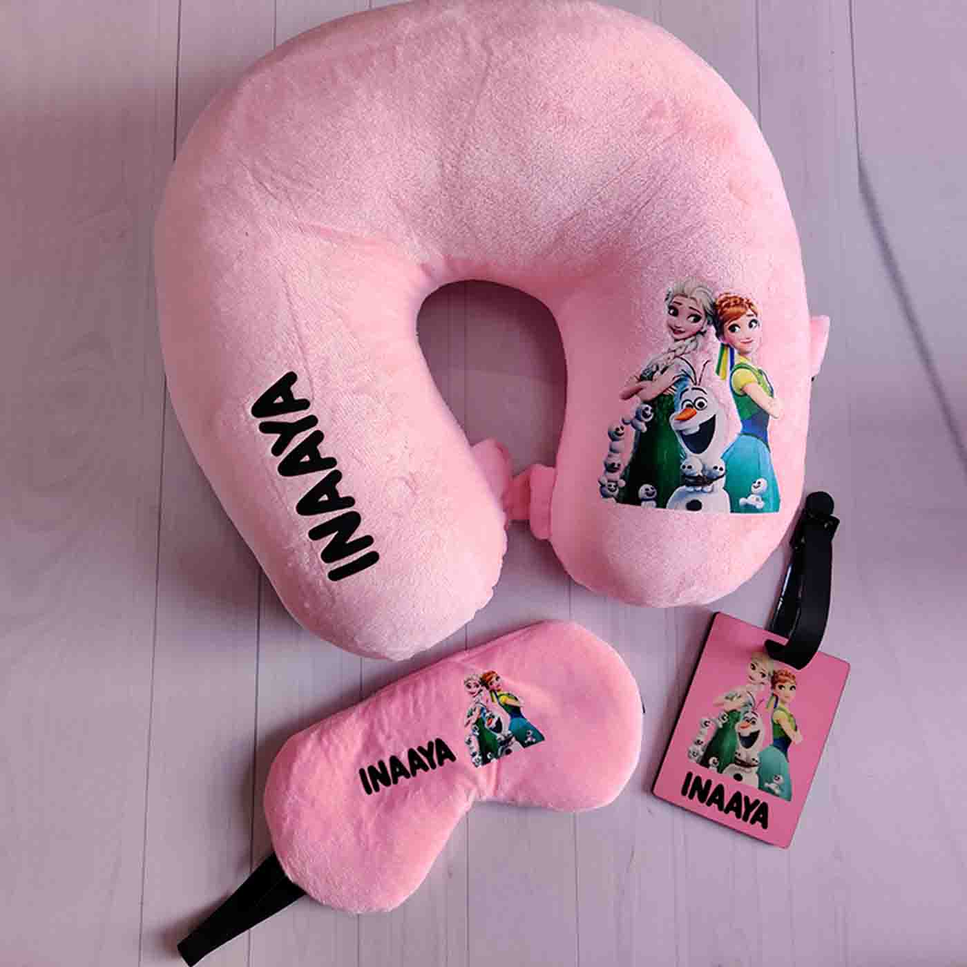 Buy Personalised Printed Neck Pillow Eye Mask Luggage Tag Set for Kids Online On Zwende