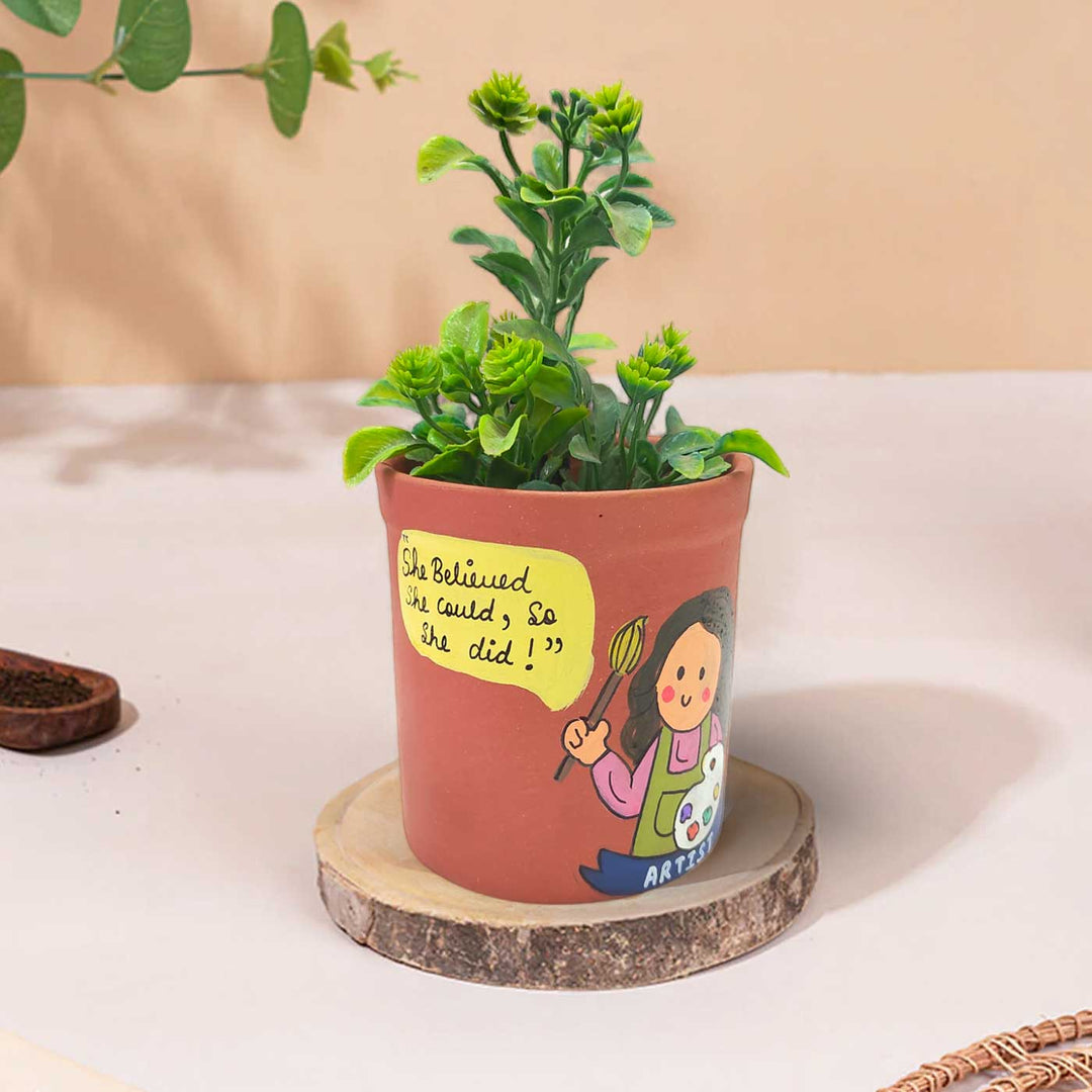 Handpainted Personalized Clay Planter With Artist Avatar Illustrations And Quote