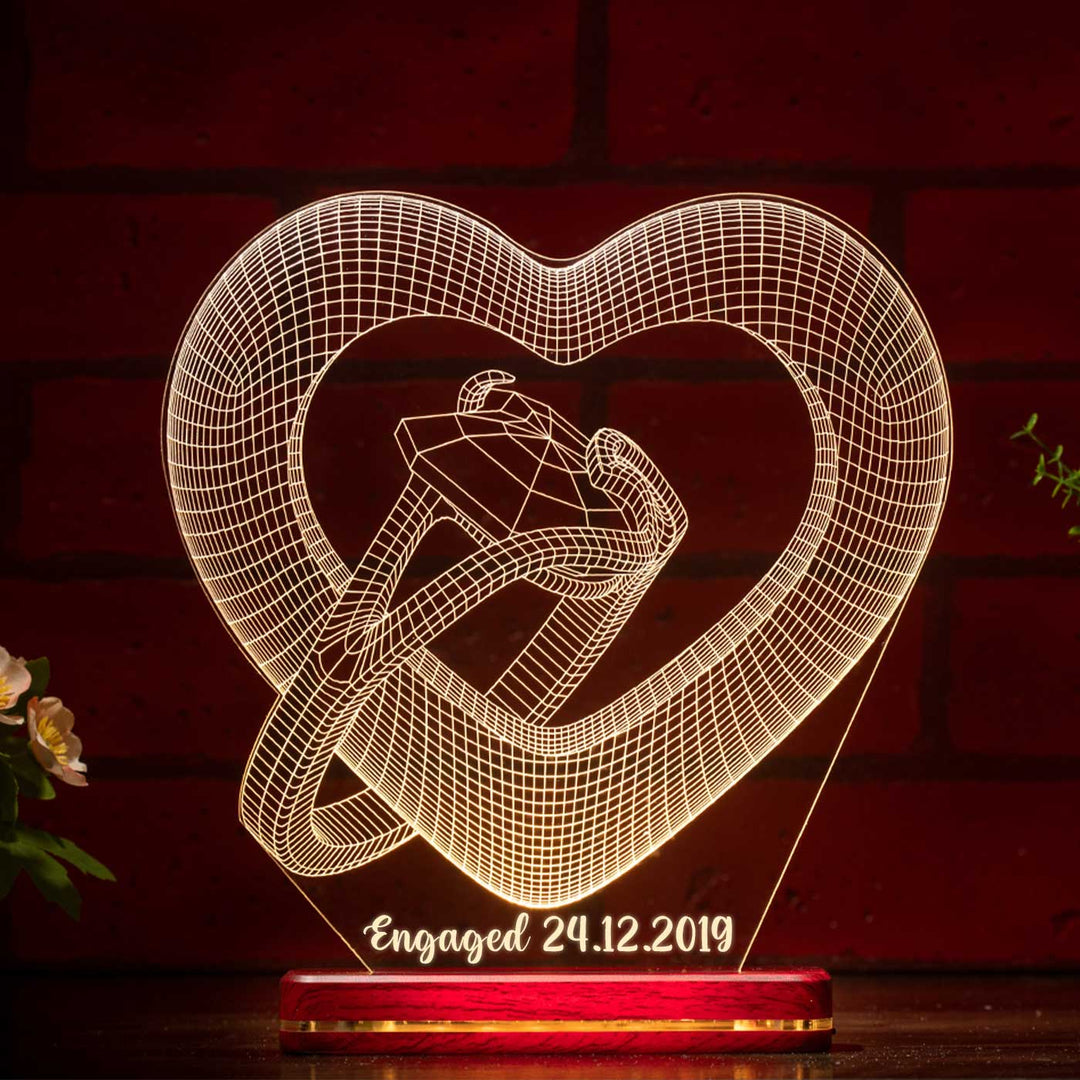 Personalized 3D Illusion Heart With Ring Acrylic Rechargeable LED Lamp