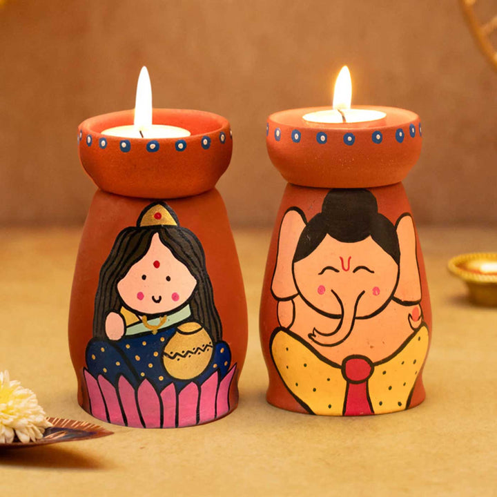 Handpainted Terracotta Tealight Holders with Lakshmi & Ganesh | Set of 2