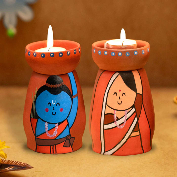 Handpainted Terracotta Tealight Holders with Ram & Sita | Set of 2