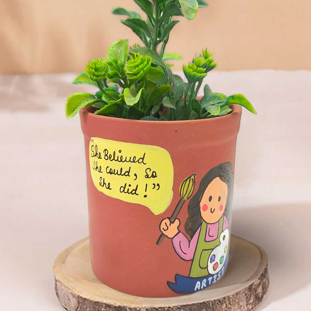 Handpainted Personalized Clay Planter With Artist Avatar Illustrations And Quote