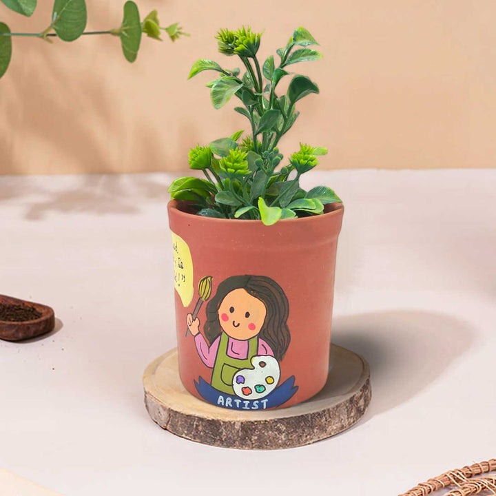 Handpainted Personalized Clay Planter With Artist Avatar Illustrations And Quote