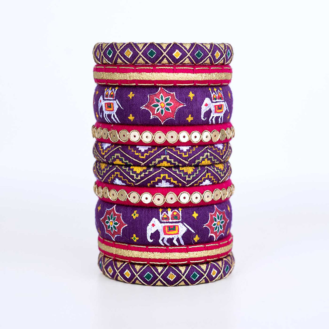 Multicolor Handpainted Hathisavari Embroidered Bangles | Set of 10