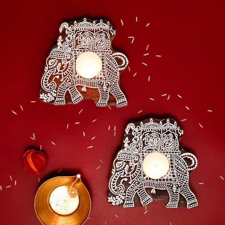 Handmade Carved Elephant Wooden Block Tealight Holder | Set Of 2