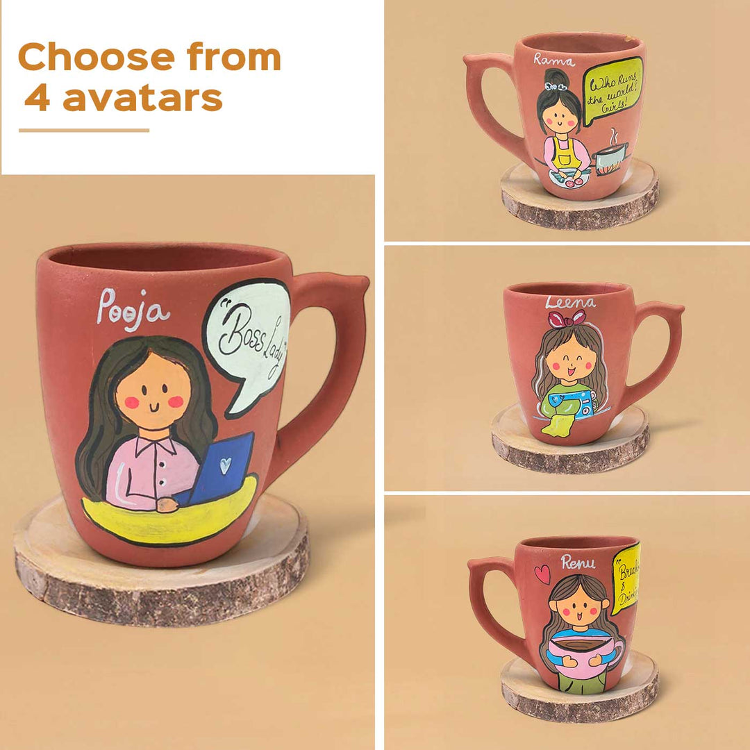 Handpainted Personalised 3D Terracotta Mug with Fashion Designer Avatar Illustrations and Quote