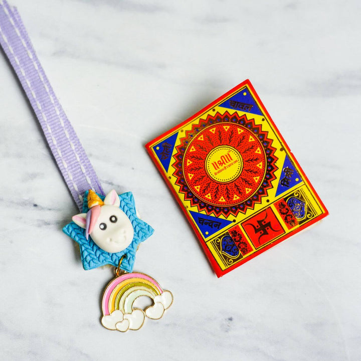 Handmade Porcelain Clay Themed Lumba Rakhi With Roli Chawal