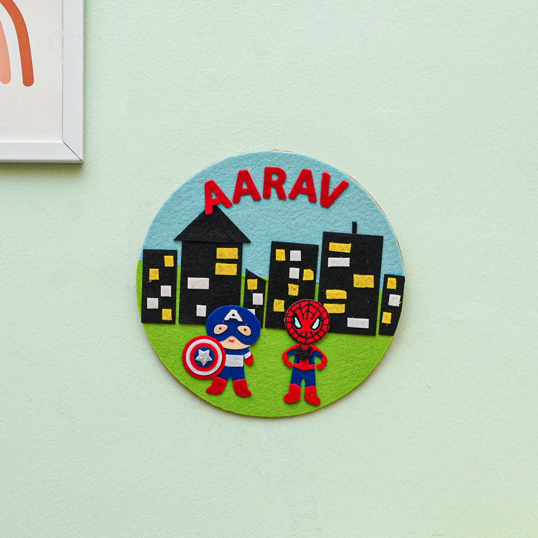 Personalized Handmade Superhero Theme Felt Hoop Name Plate