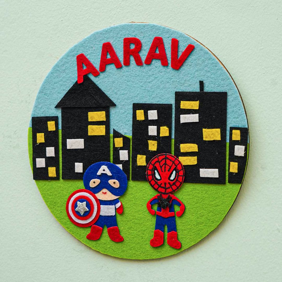 Personalized Handmade Superhero Theme Felt Hoop Name Plate