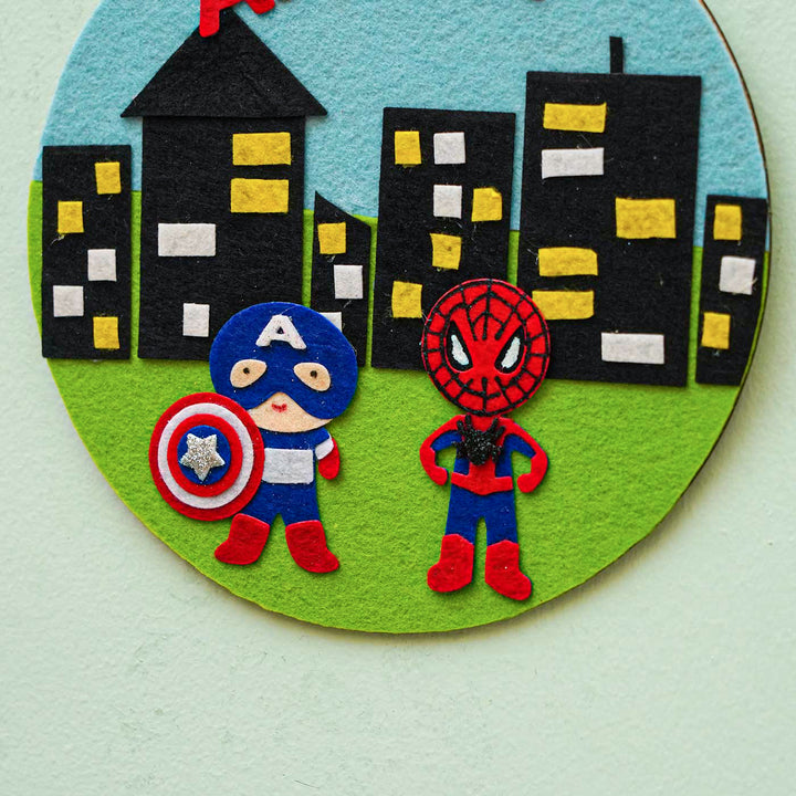 Personalized Handmade Superhero Theme Felt Hoop Name Plate