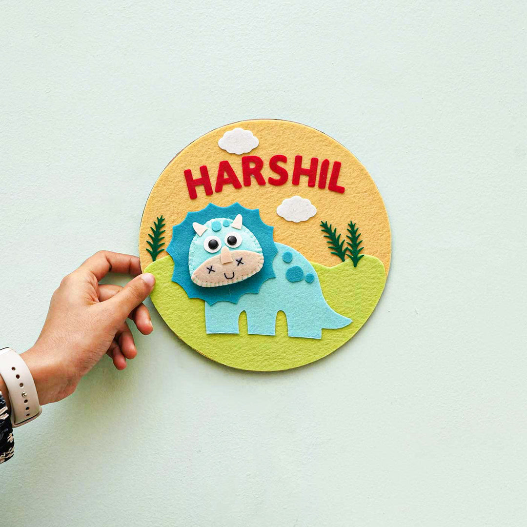 Personalized Handmade Dinosour Theme Felt Hoop Name Plate