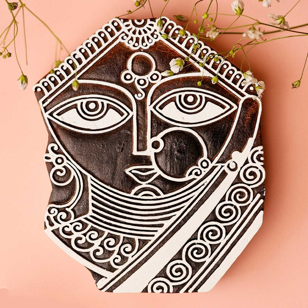 Handmade Carved Lady's Face Wooden Block Hanging | Set Of 2