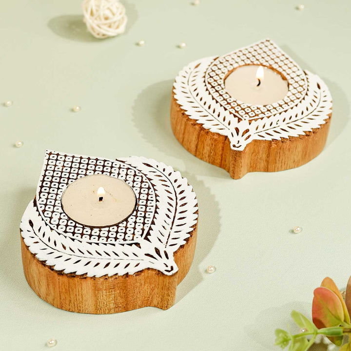 Handmade Carved Leaf Wooden Block Tealight Holder | Set Of 2