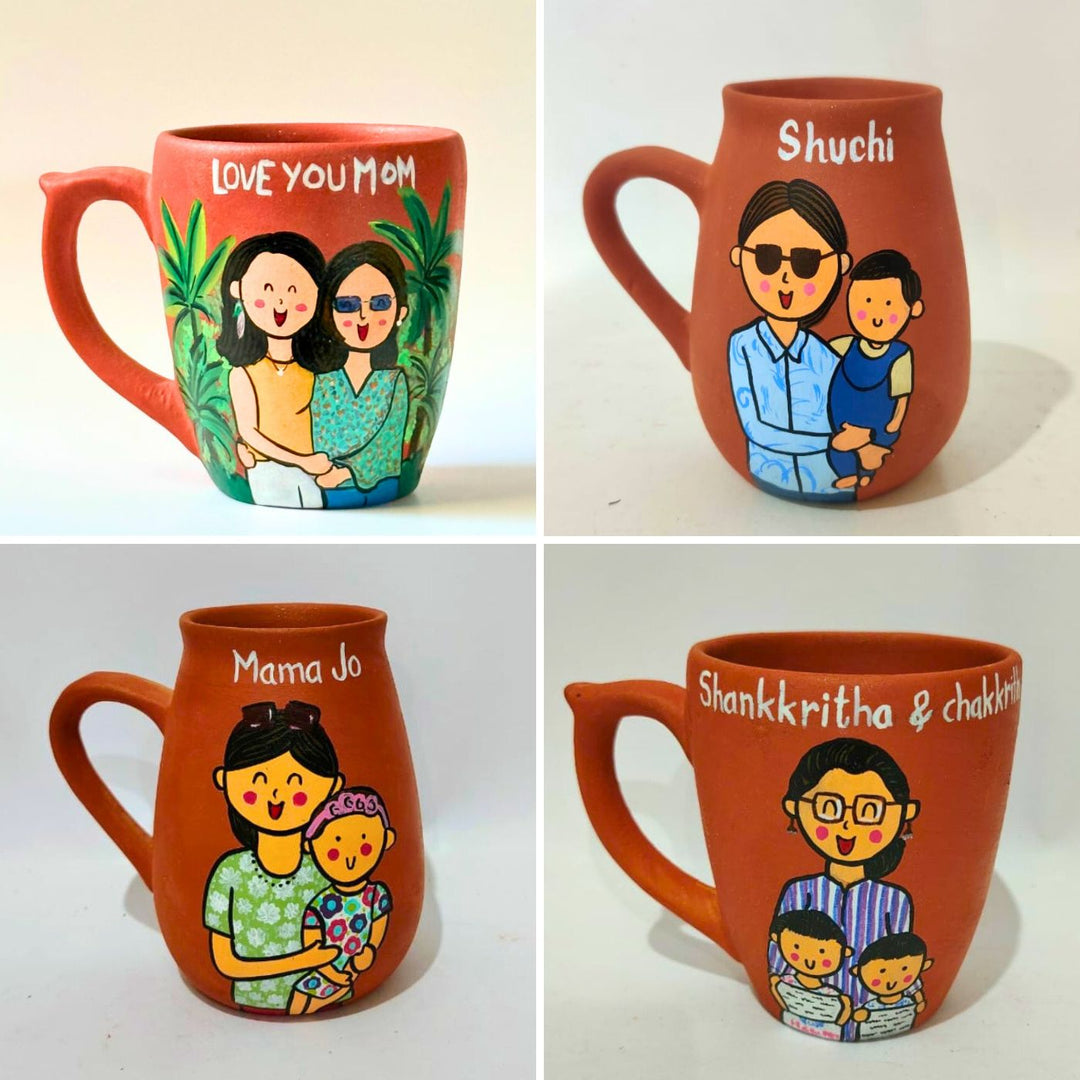 Handpainted Personalised 3D Terracotta Mug With Caricatures And Background